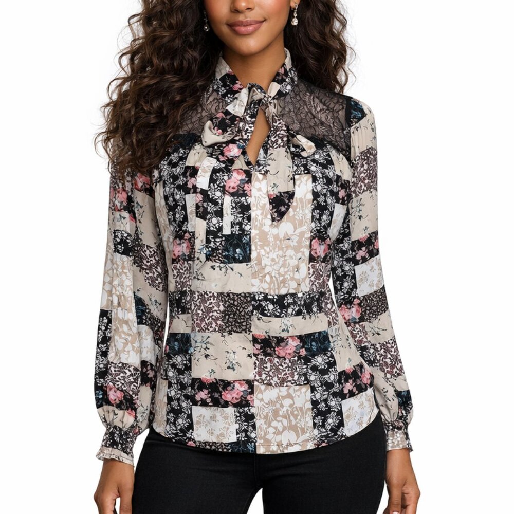 Cure. Petites Women's Floral Colorblock Lace Illusion Tie Neck Blouse Top PM